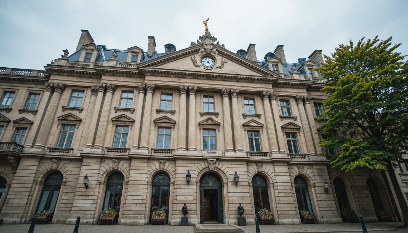 Historic city hall facade with French flags and clock tower