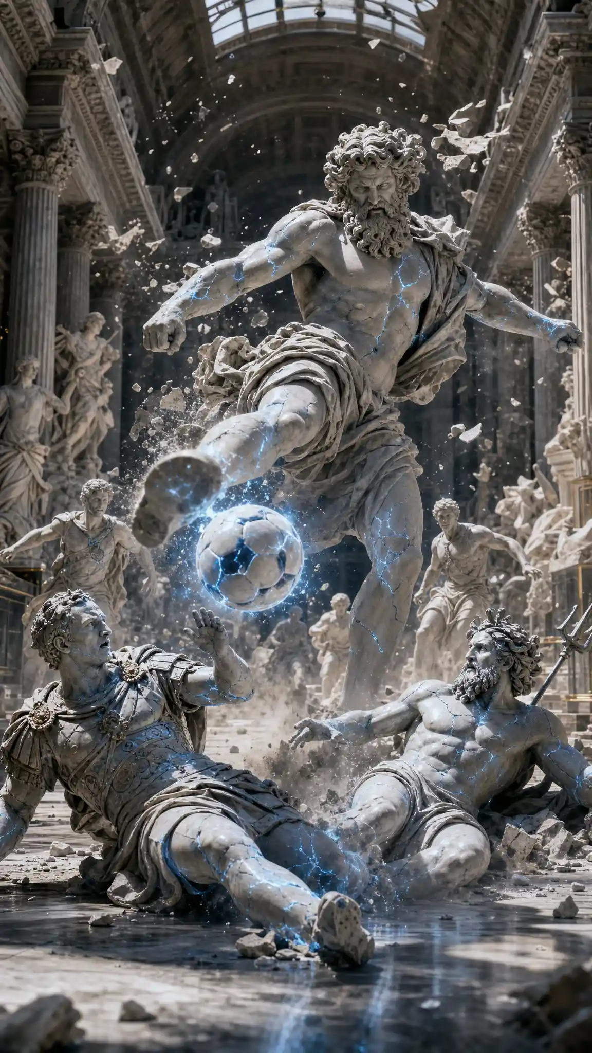 Ancient marble gods playing soccer in a grand museum