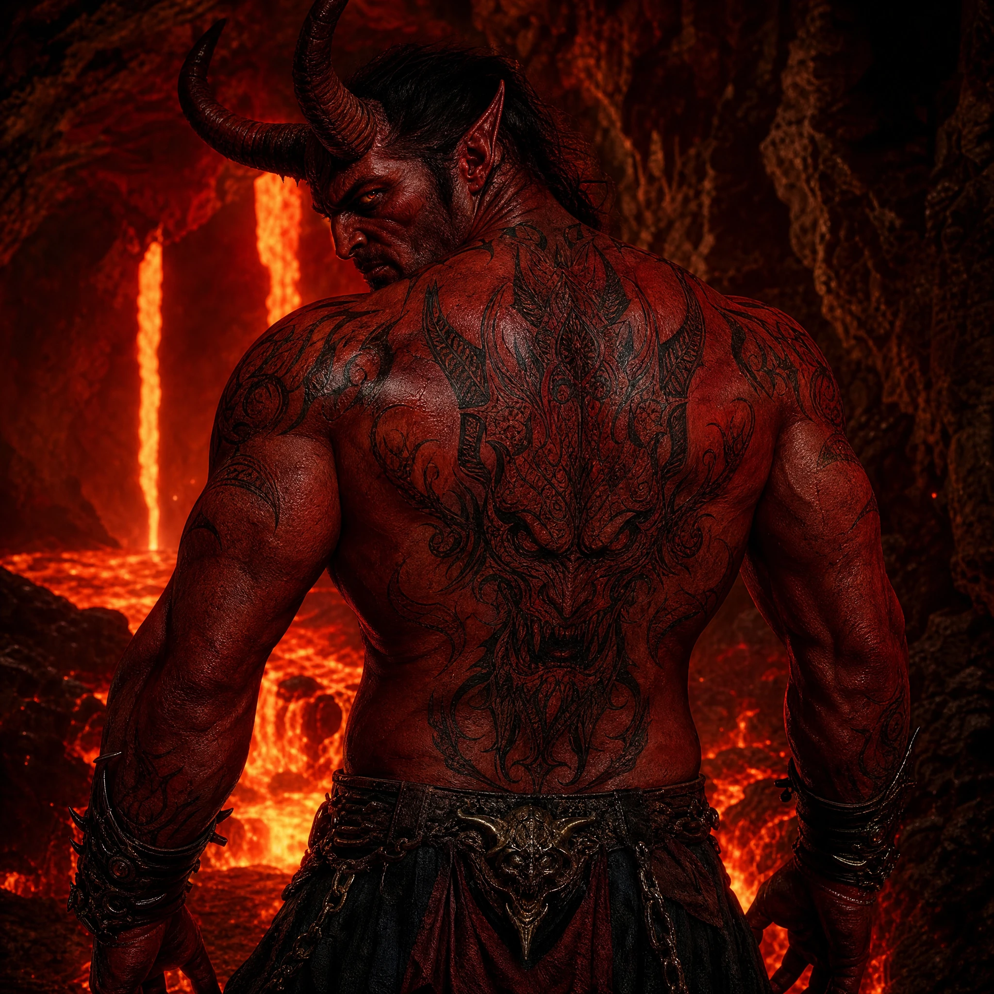 Demonic figure in lava cave with glowing back tattoo
