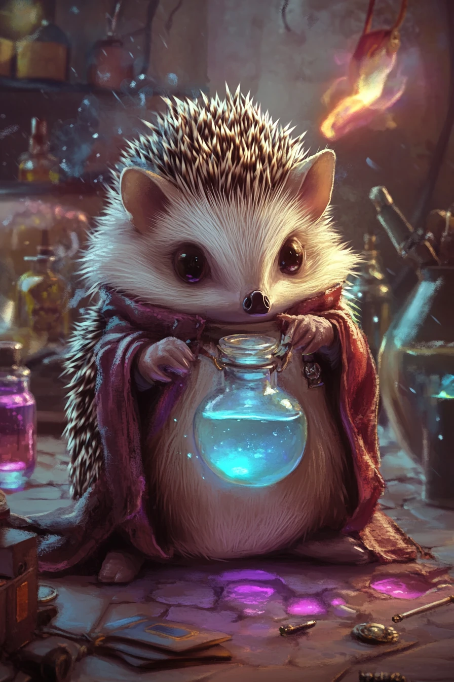 Cute hedgehog alchemist in a whimsical fantasy illustration