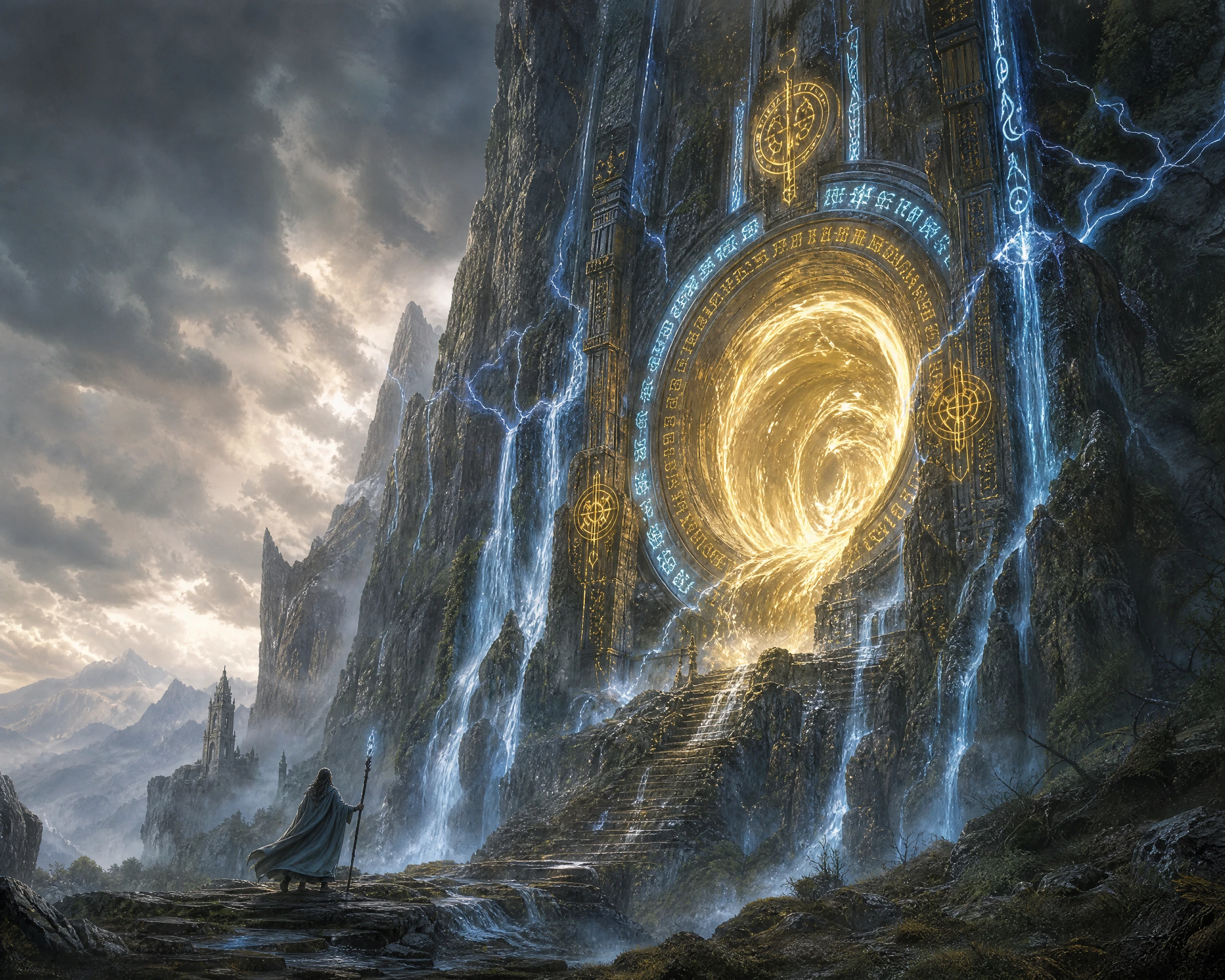 Lone traveler before a colossal glowing mountain portal