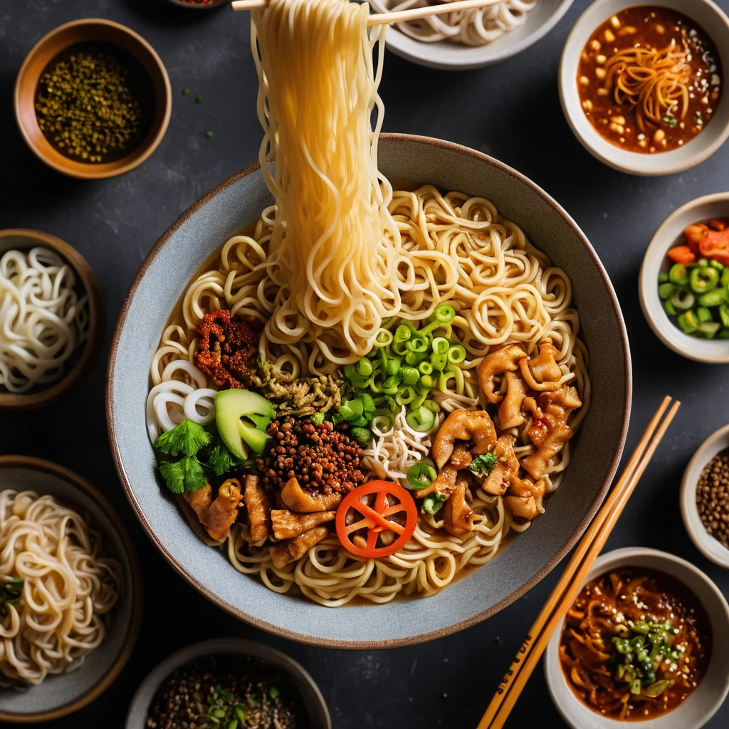Bowl of noodles with magically floating strands above table