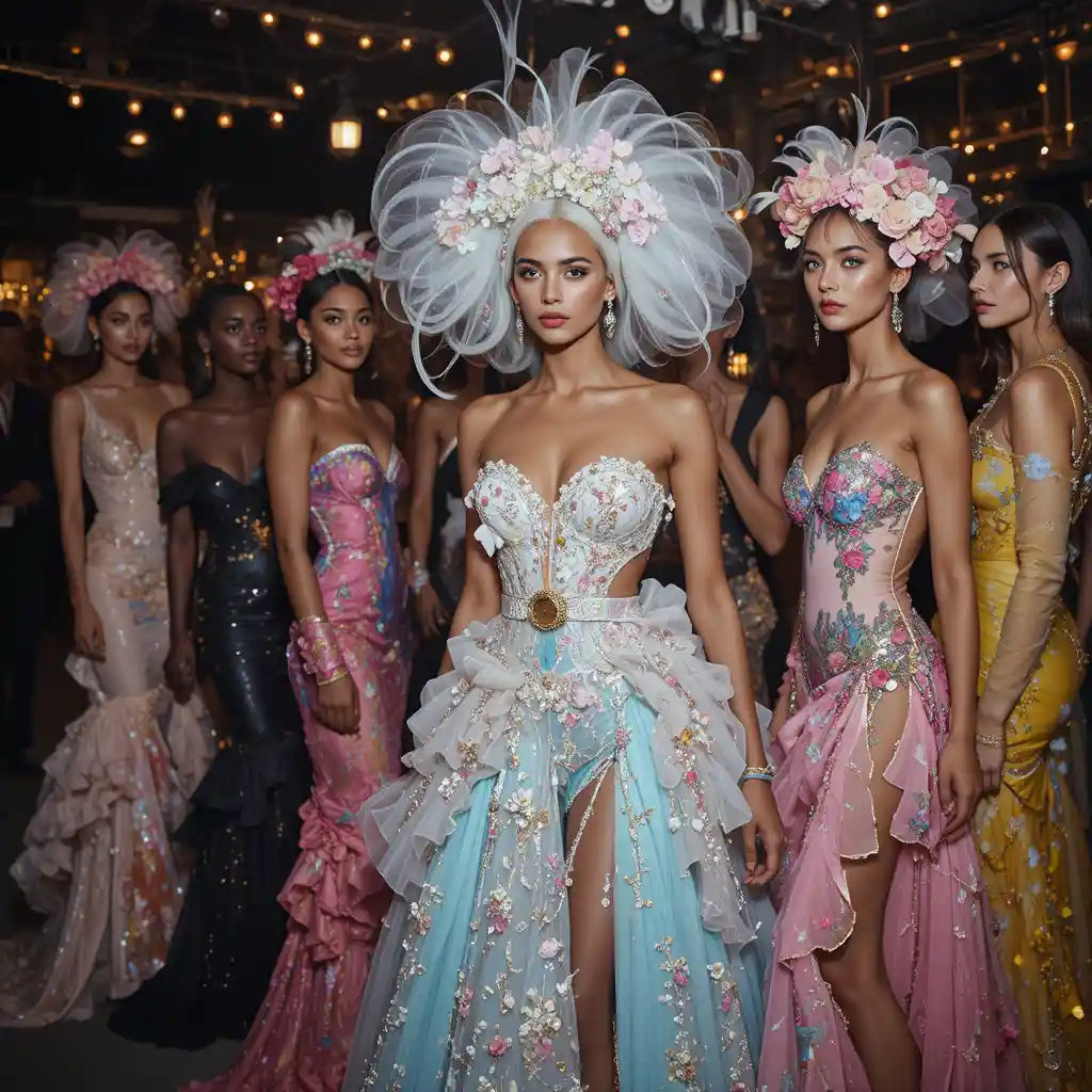 Glamorous haute couture evening gowns at an exclusive party