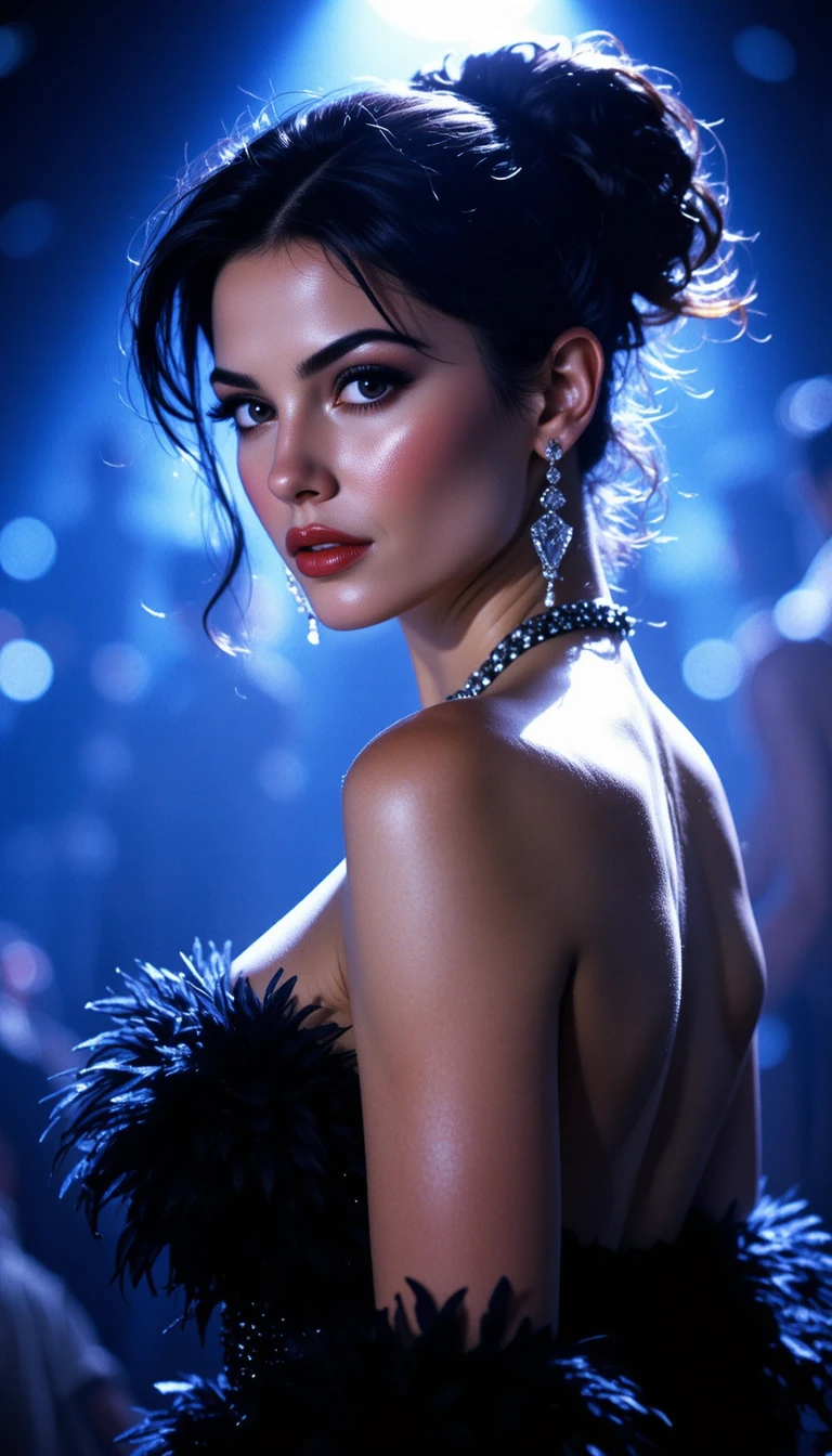 Glamorous cinematic portrait of a woman in feathered costume