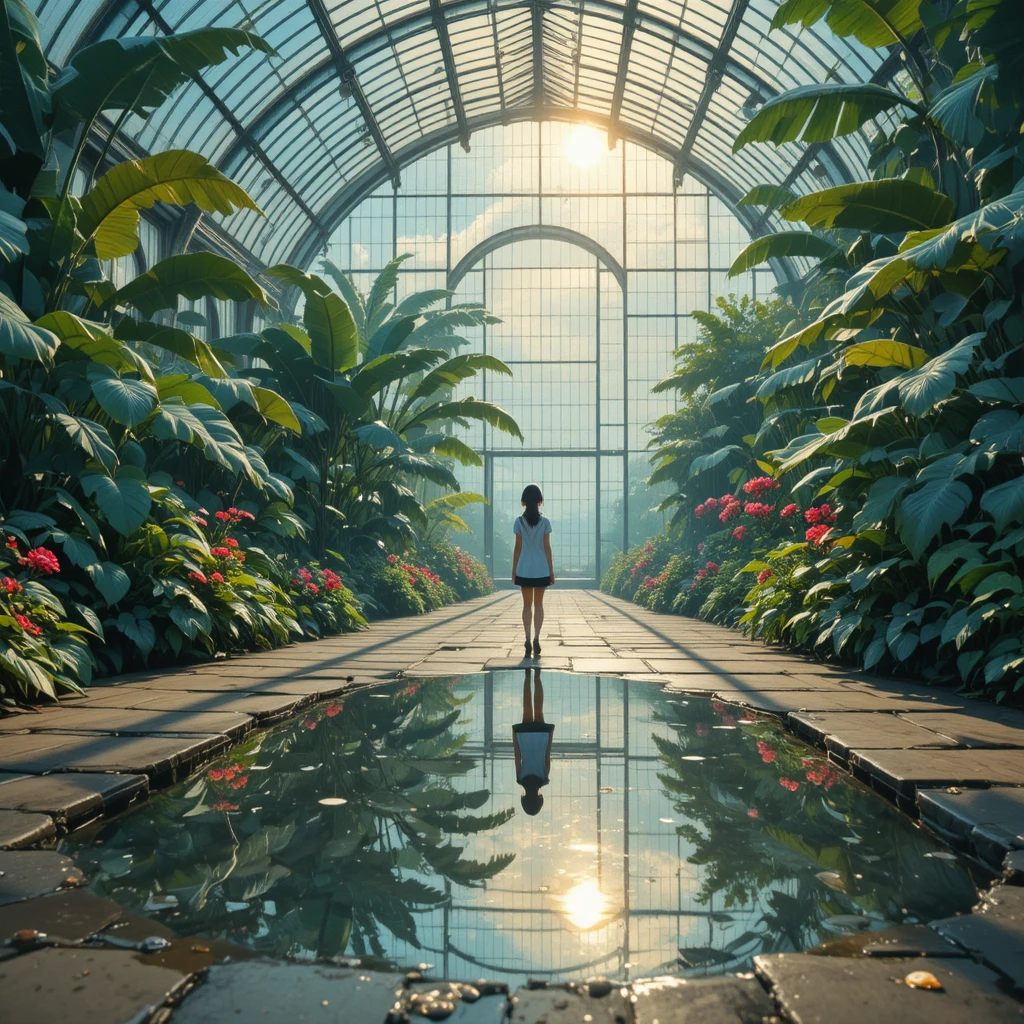 Anime girl in a sunlit greenhouse after summer rain