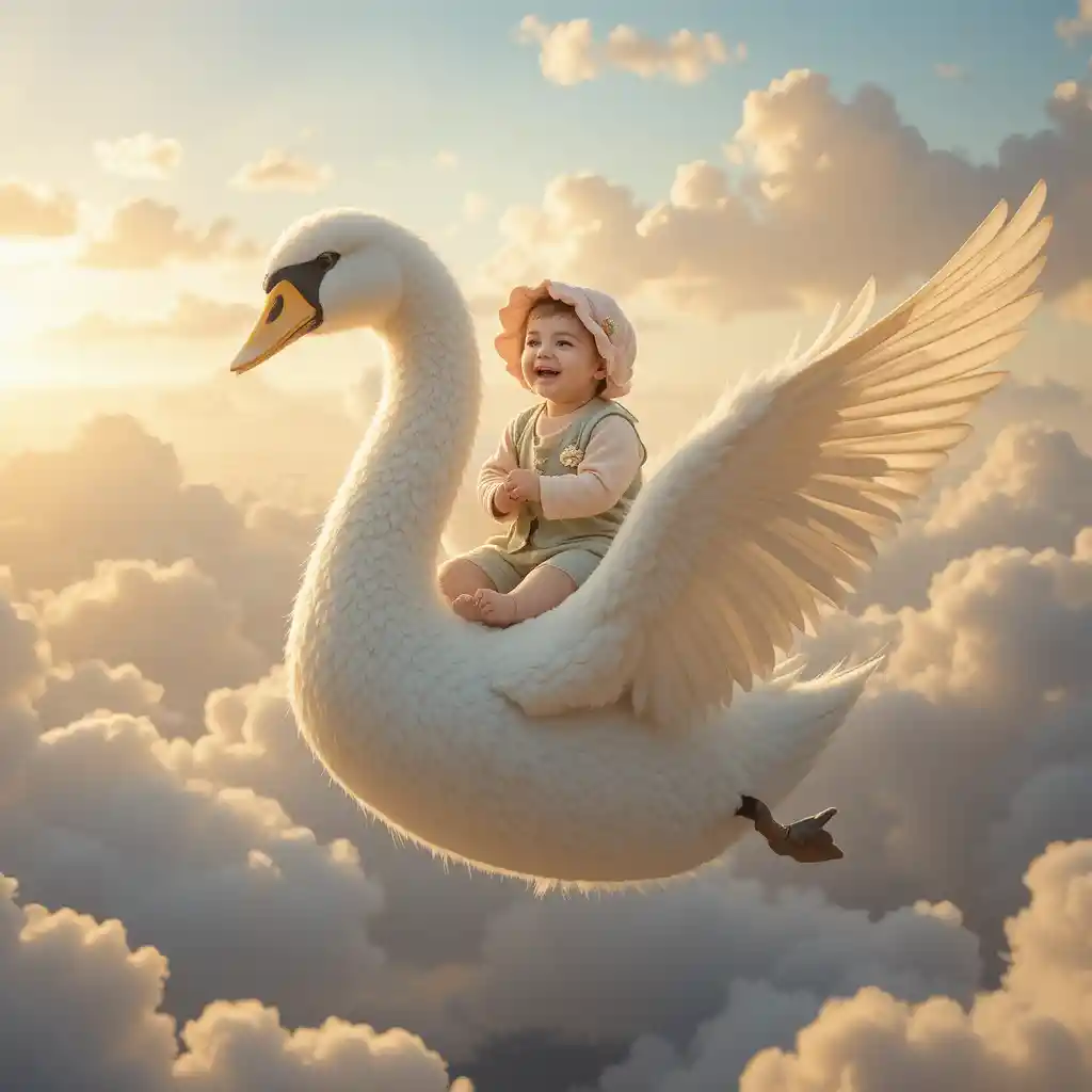 Joyful baby riding a majestic swan above pastel clouds