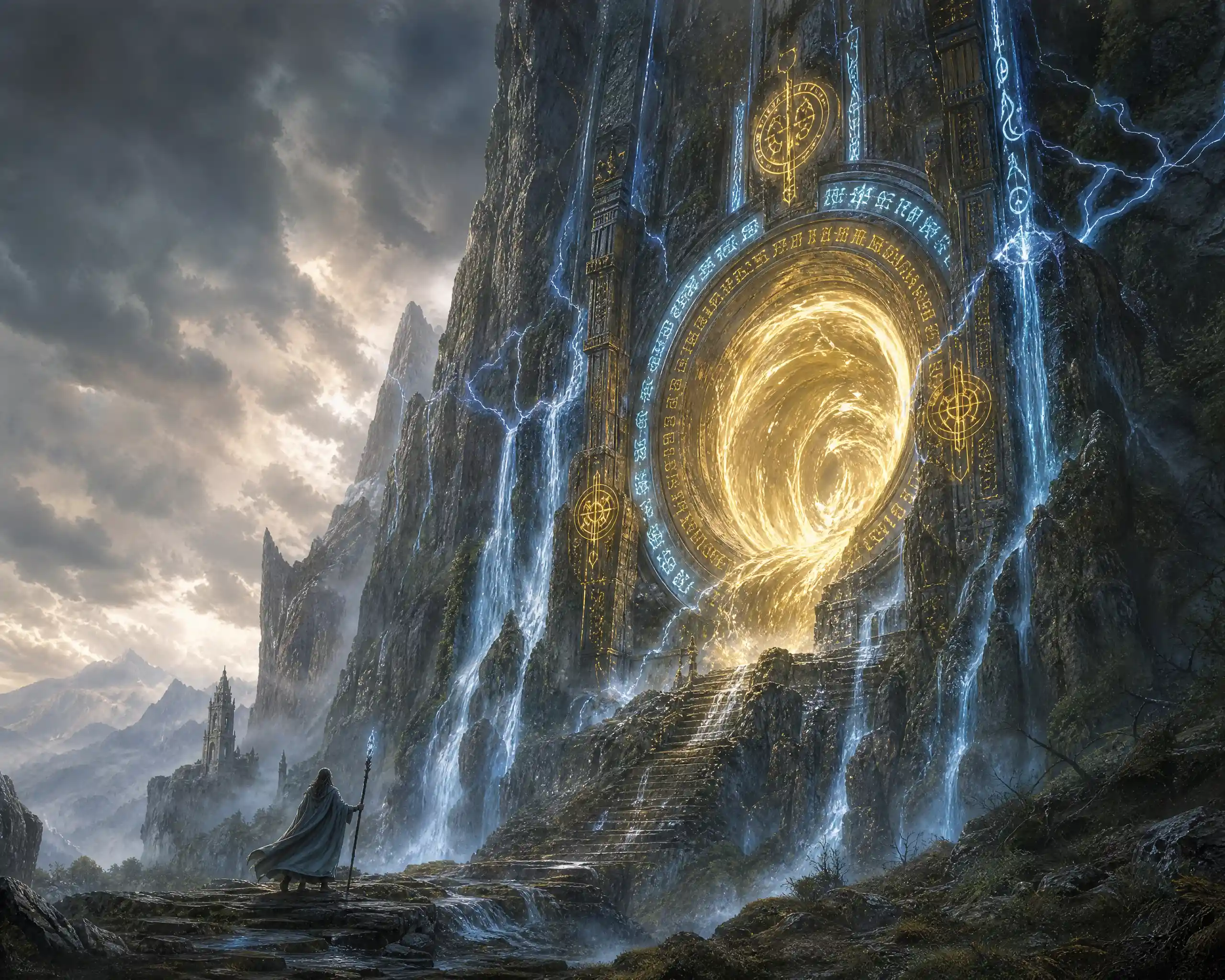 Lone traveler before a colossal glowing mountain portal