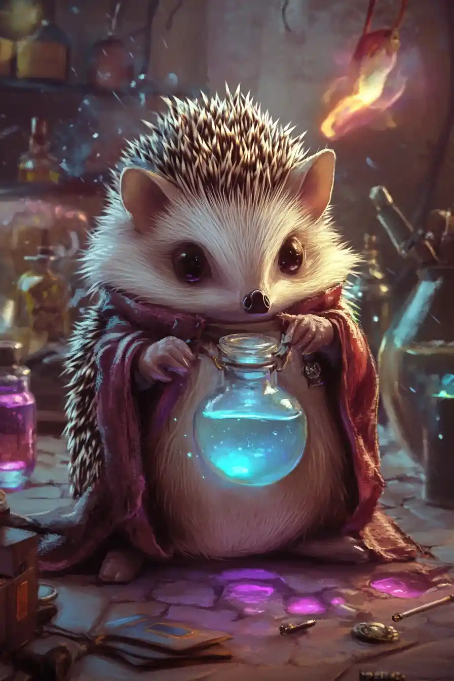 Cute hedgehog alchemist in a whimsical fantasy illustration