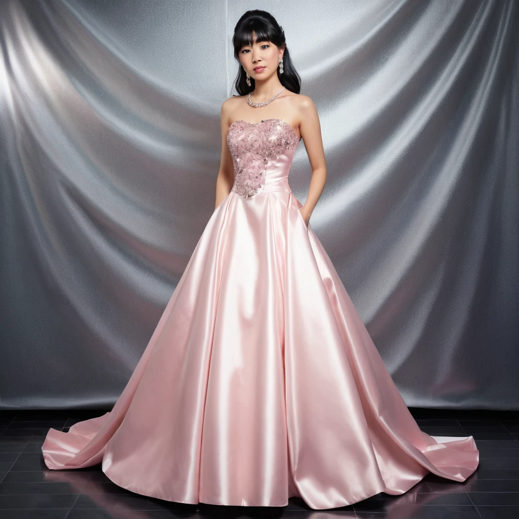 Elegant Japanese girl in pink satin strapless ballgown