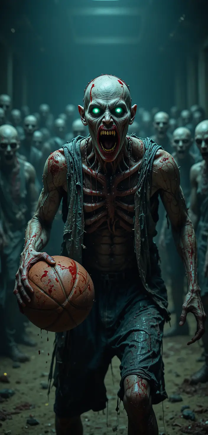 Zombie basketball player dribbling a blood soaked ball at night