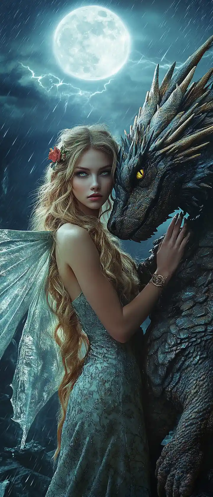 Fantasy woman with dragon under a stormy full moon