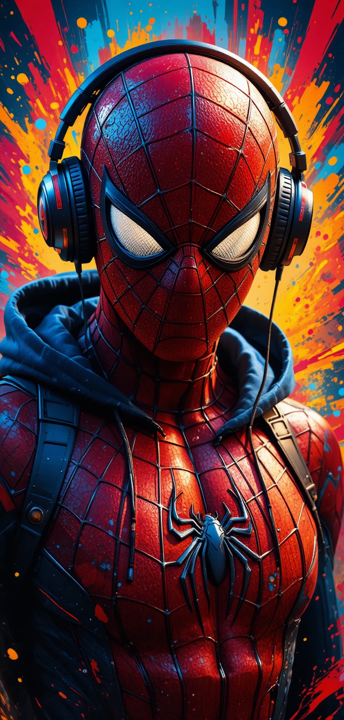 Close up superhero portrait with headphones and colorful graffiti