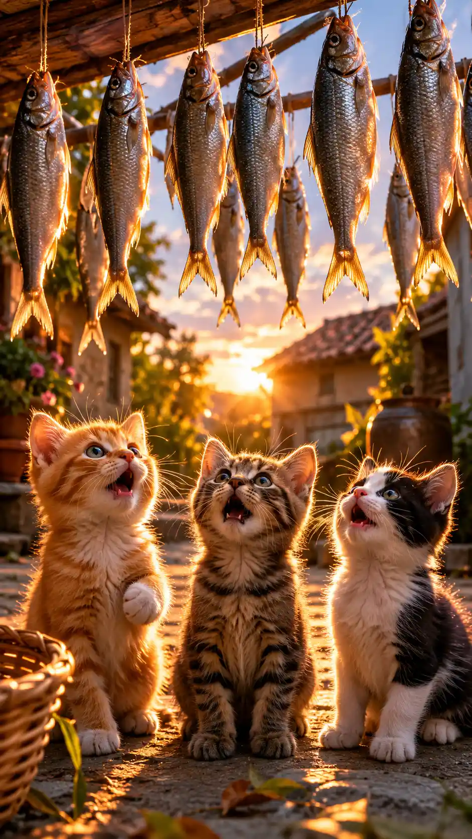Three kittens staring up at hanging silver fish