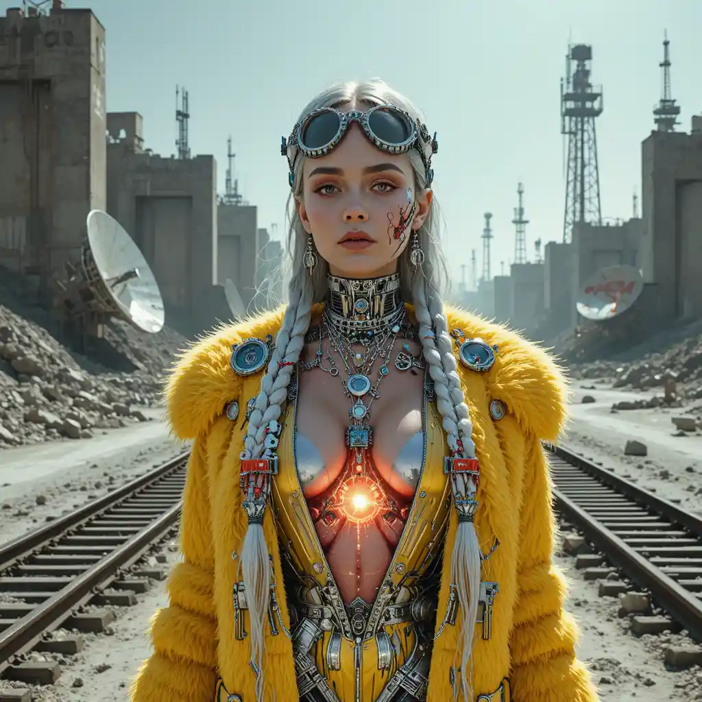 Surreal cyberpunk woman in a ruined satellite graveyard