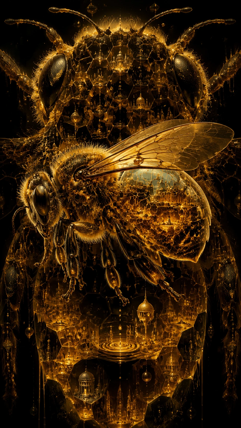 Surreal Honey Bee Containing A Mirrored Inner Civilization