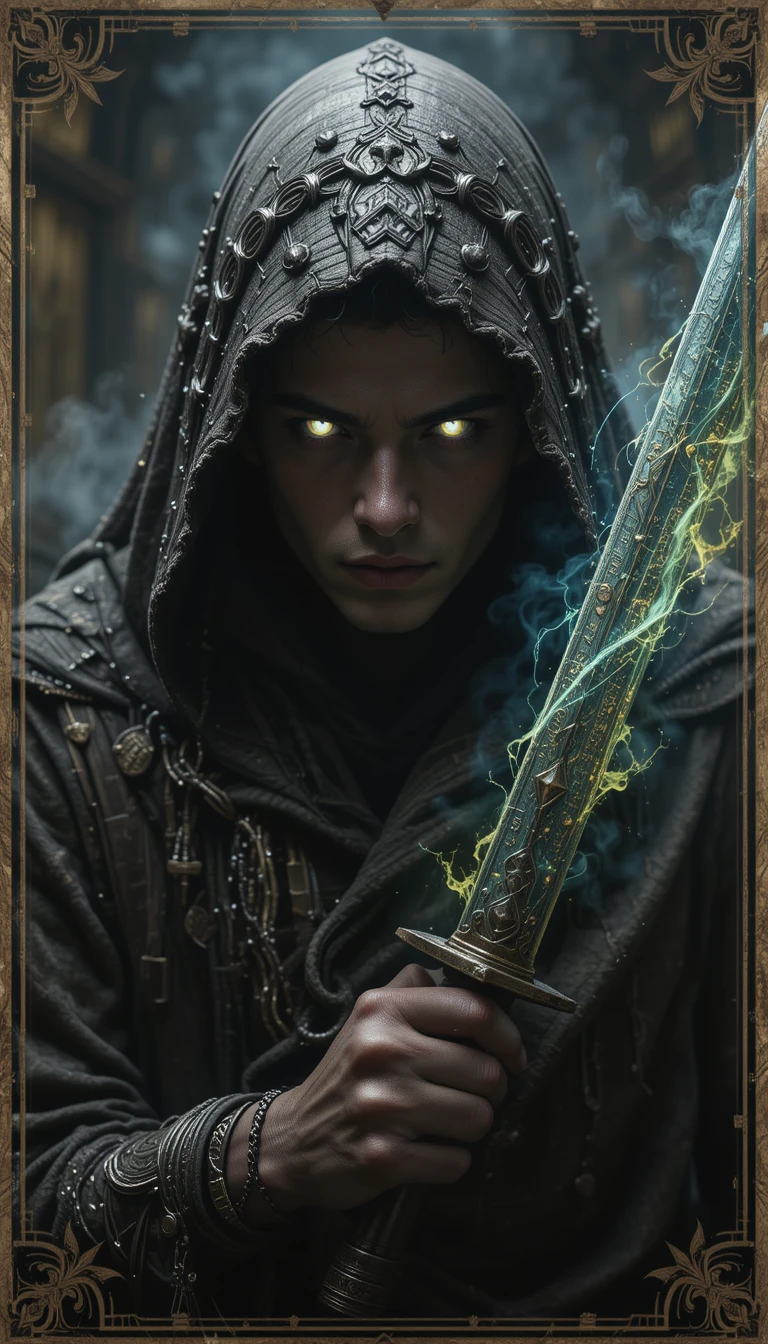 Mysterious robed man with glowing eyes and magic sword