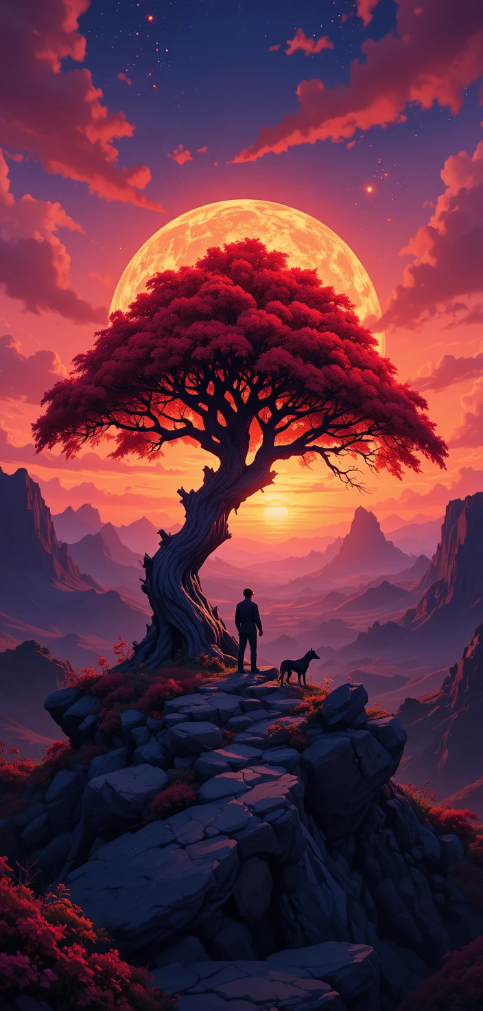Silhouetted figure beneath a fiery tree at surreal sunset