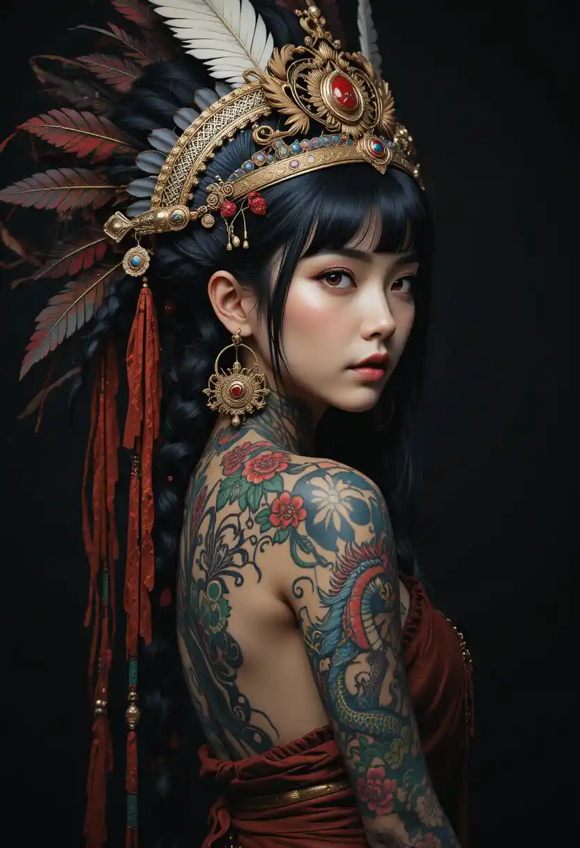 Tattooed shaman woman with feathers and dragon tattoo