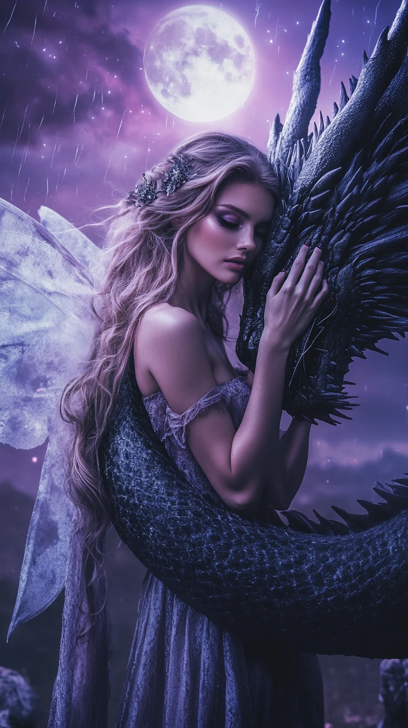 Fantasy woman and dragon under a stormy full moon