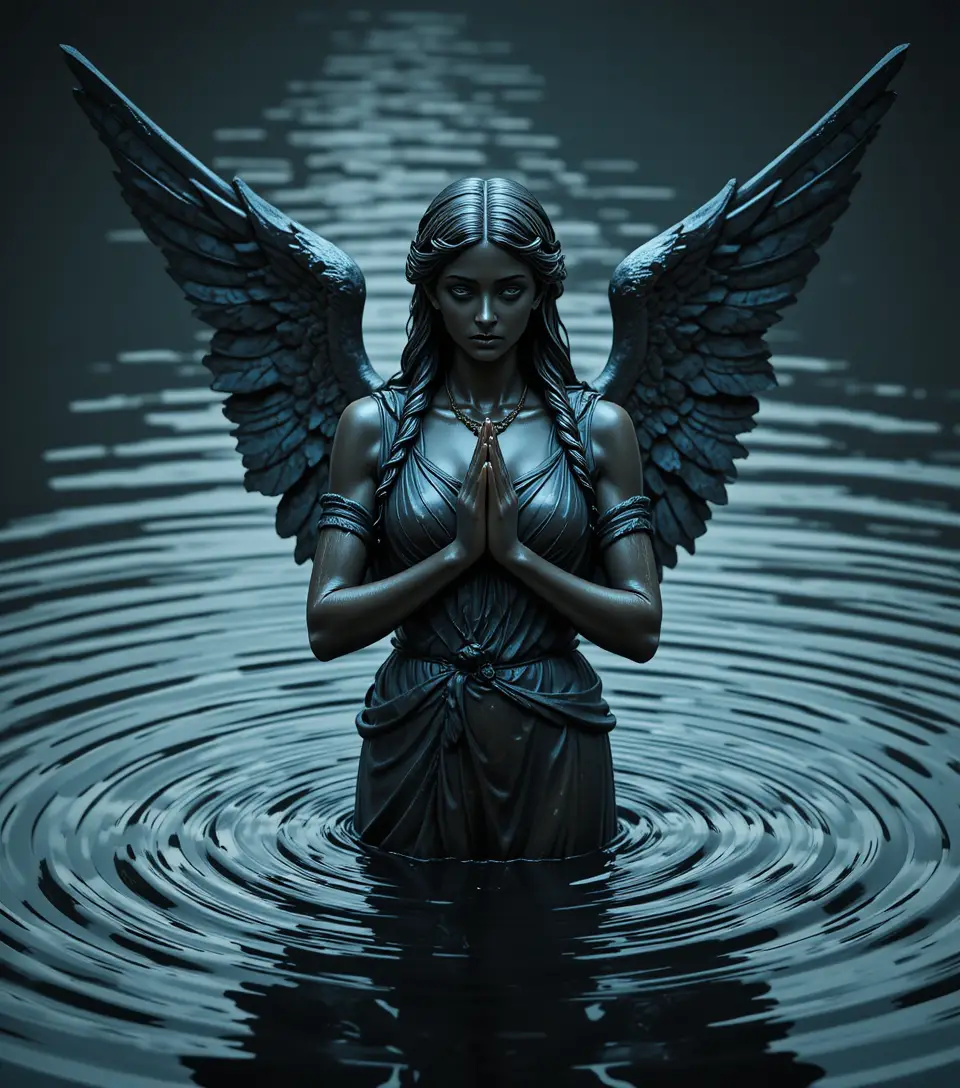 Bronze winged angel statue rising from rippling dark water