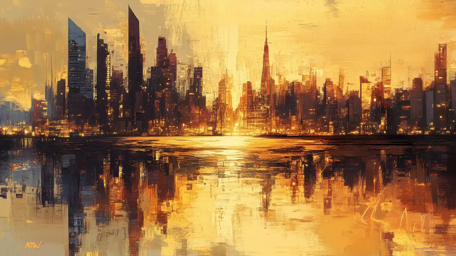Abstract riverside city dissolving into luminous vertical forms