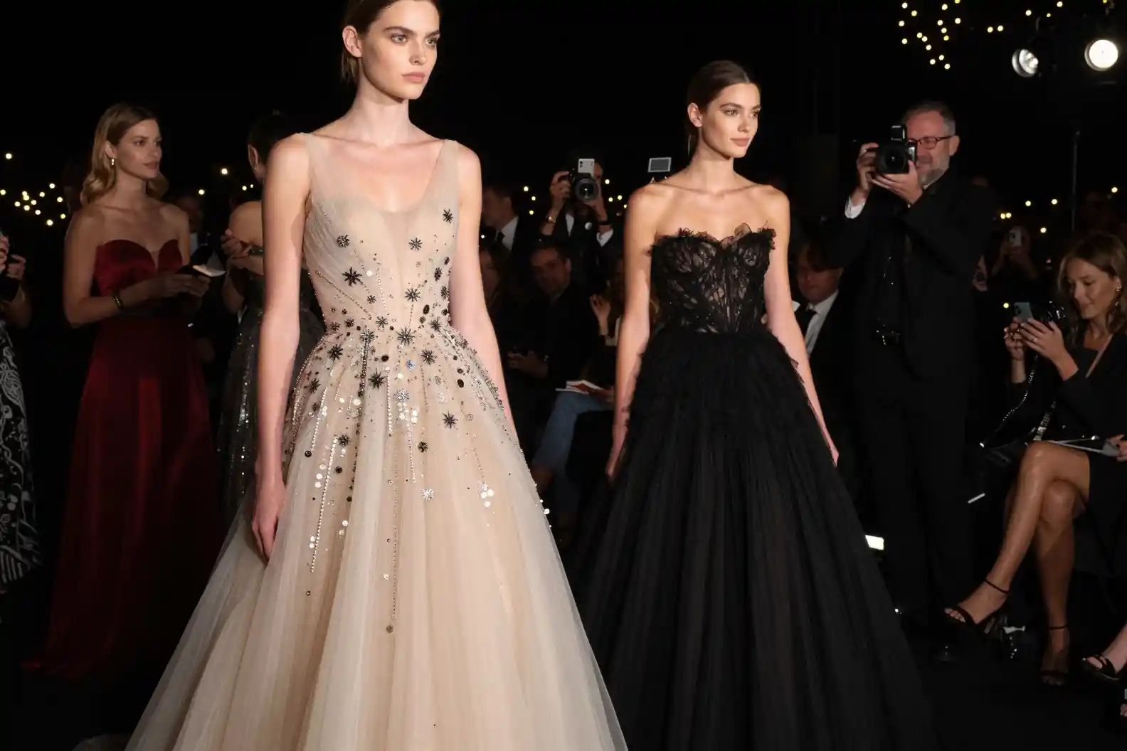 Haute couture evening gowns at an exclusive private party