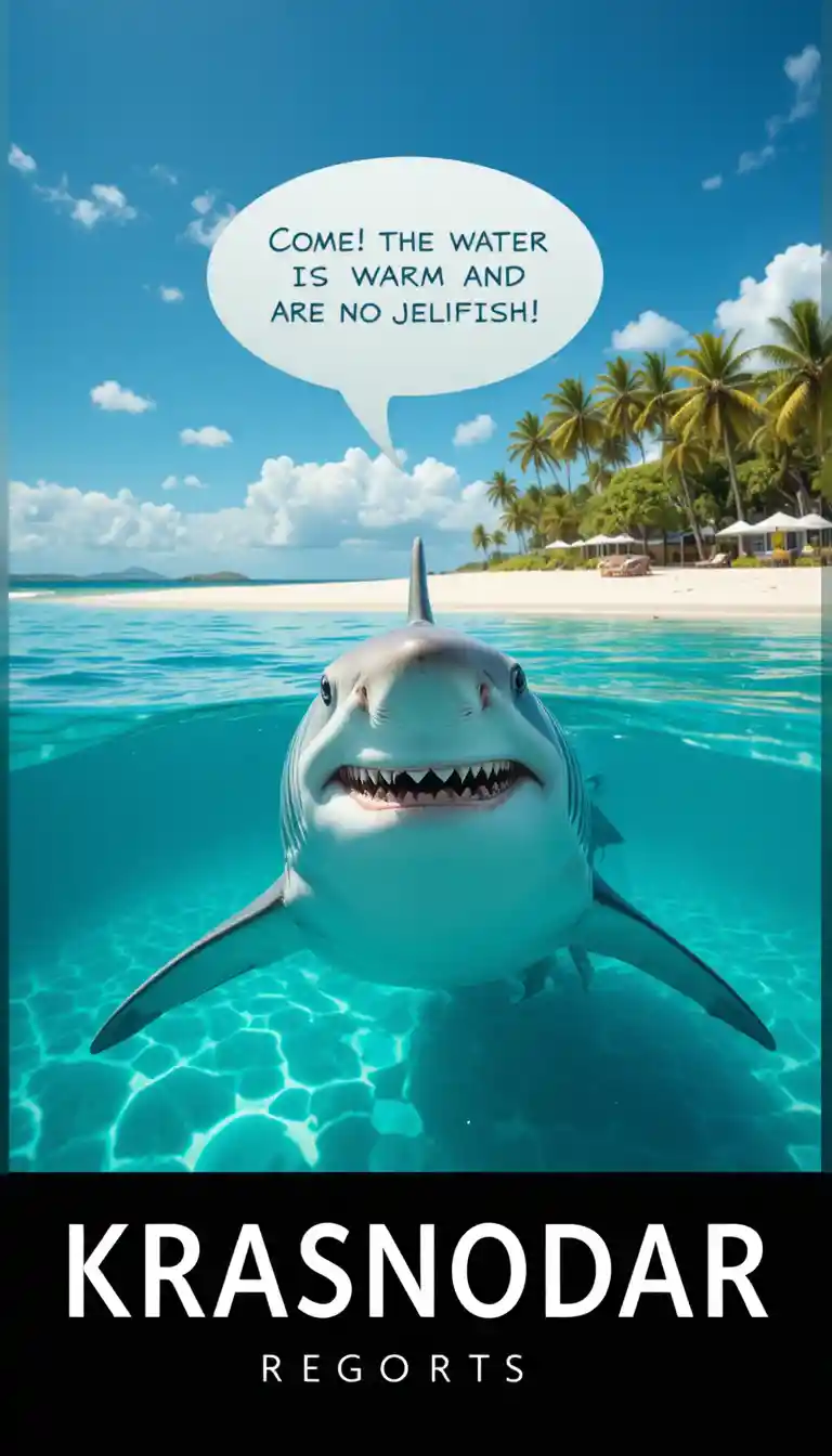 Smiling shark above turquoise water at a sunny resort beach
