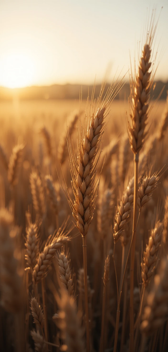 Close up ripe wheat glowing in warm sunset light