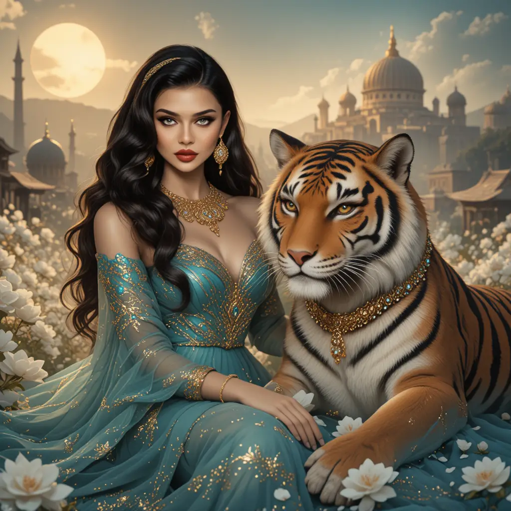 Serene woman in teal gown resting beside regal tiger