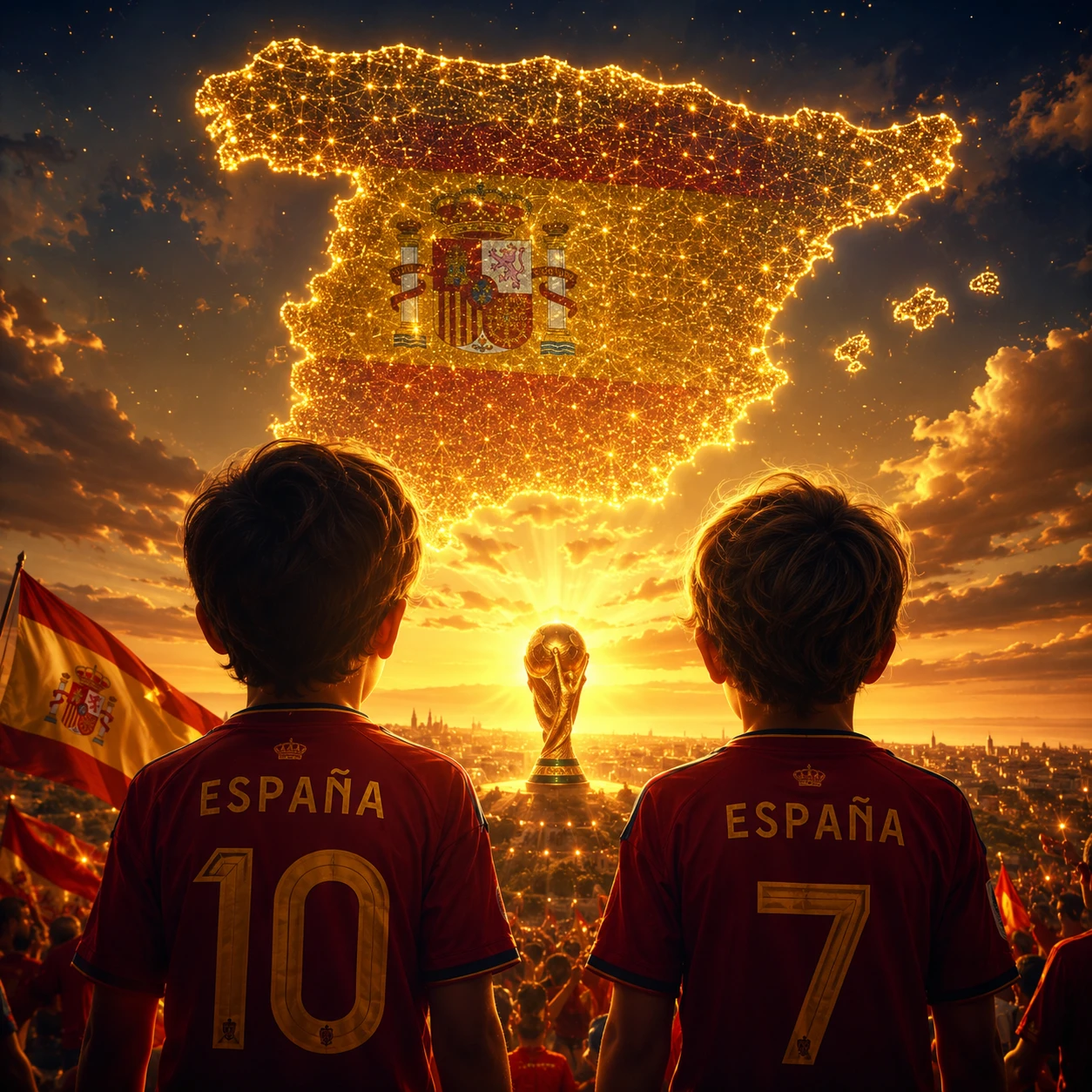 Children watching the distant World Cup trophy at sunset