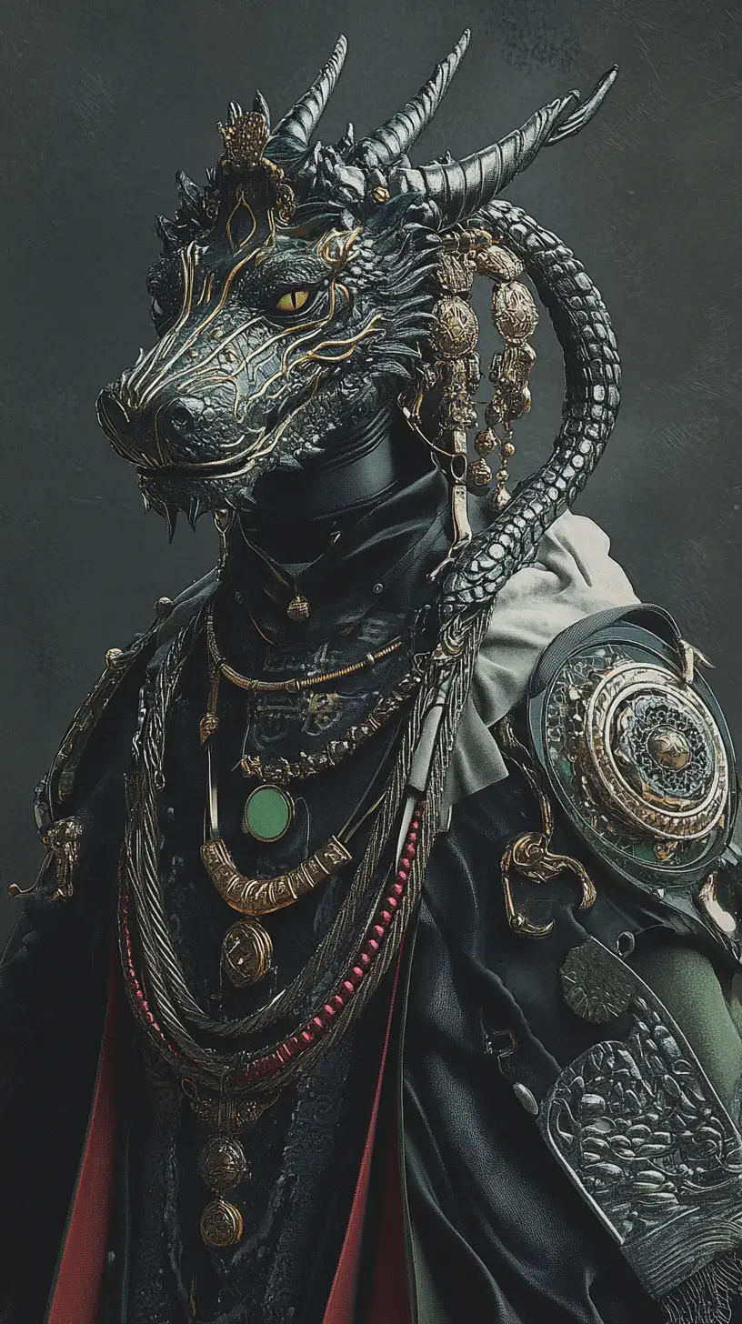 Ornate figure with layered jewelry and coiled dragon