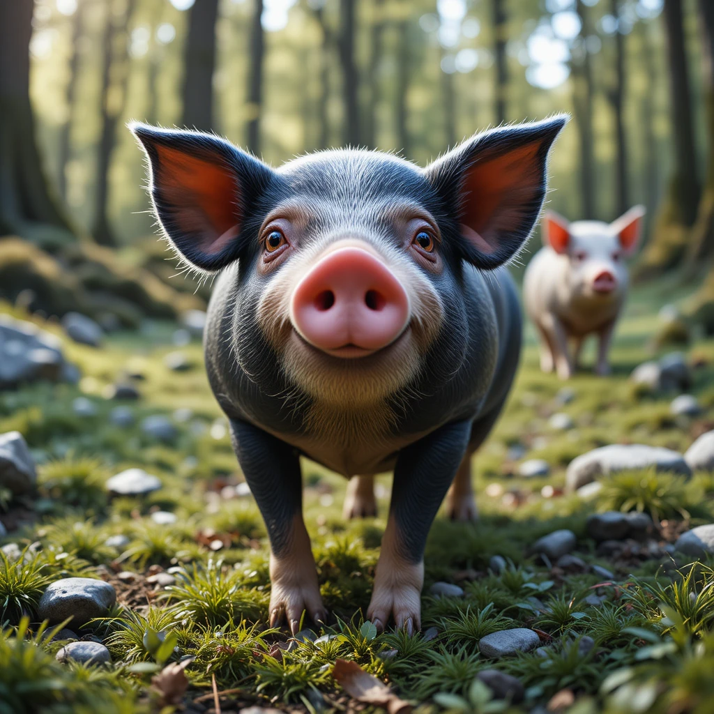 Low angle close up of a friendly pig in forest