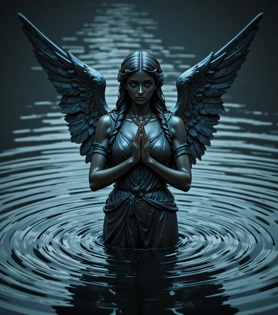 Bronze winged angel statue rising from rippling dark water