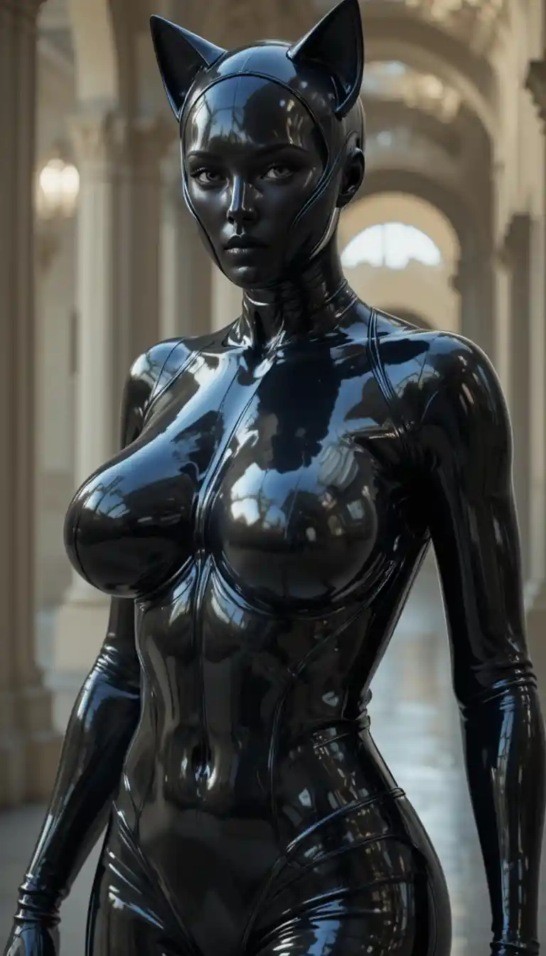 Curvy woman in black latex catsuit with full mask