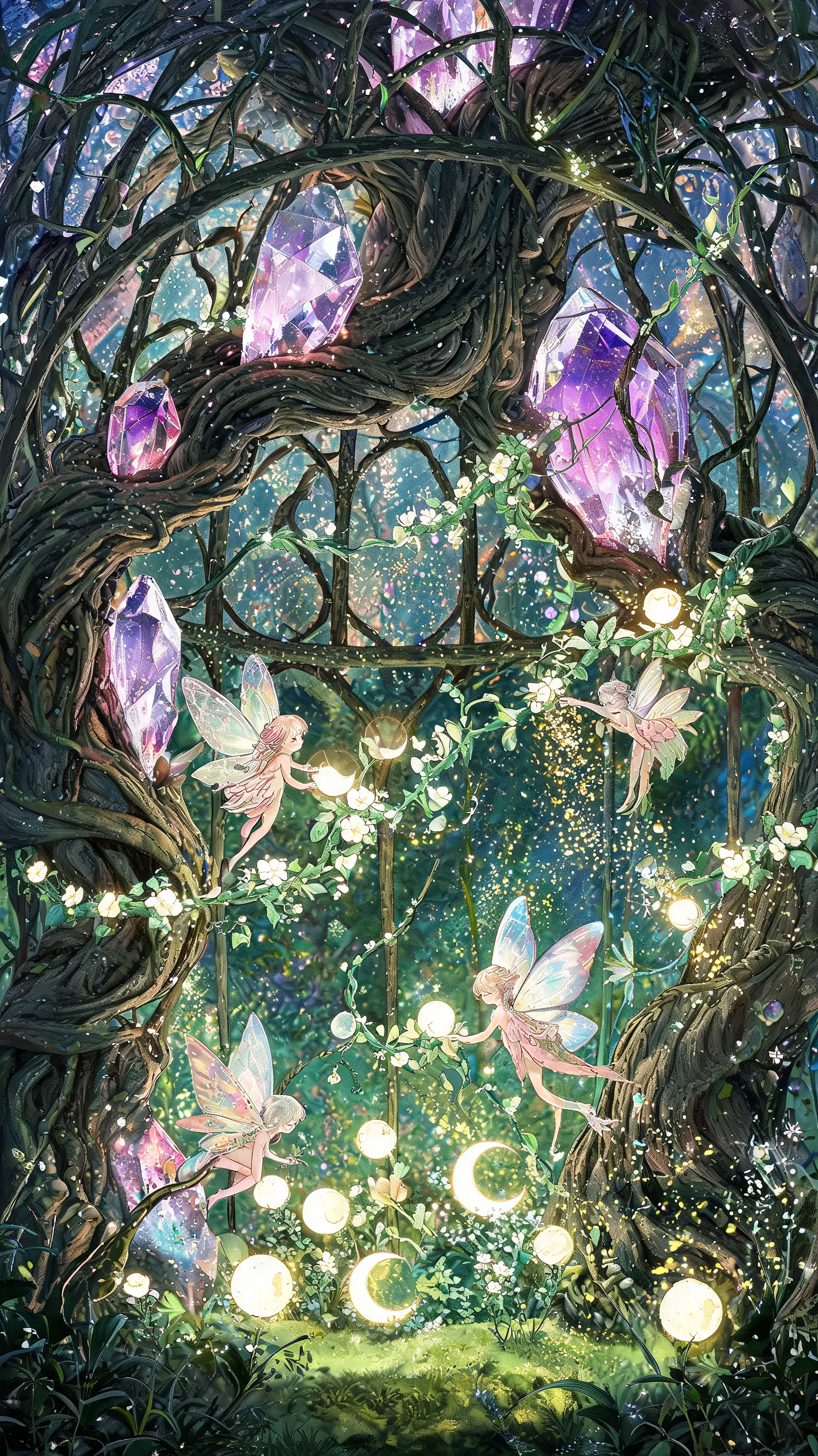 Enchanted Greenhouse Of Winged Sprites And Glowing Moons