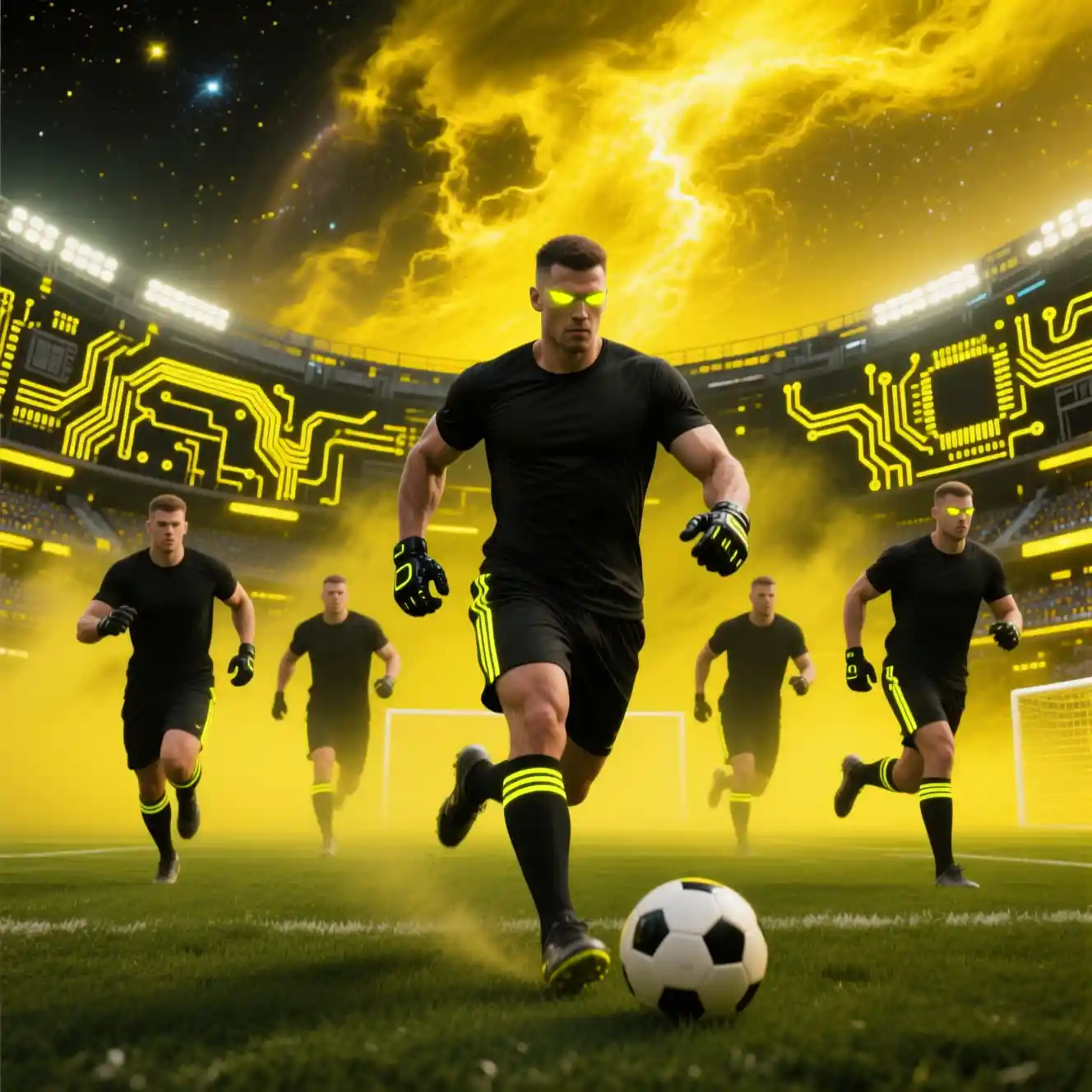 Futuristic soccer players running in a neon sci fi stadium