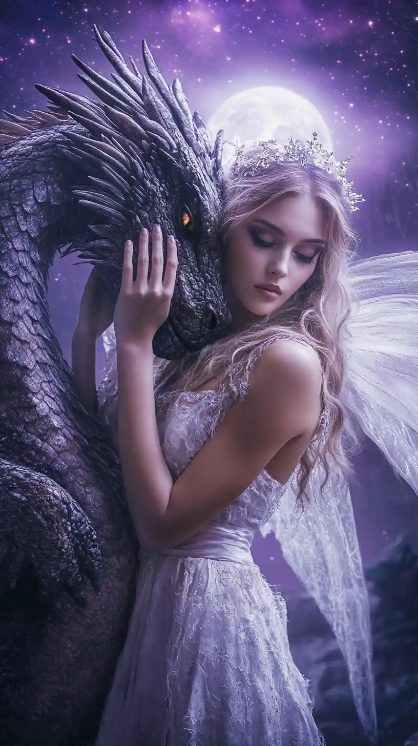 Fantasy woman with dragon under a stormy moonlit sky