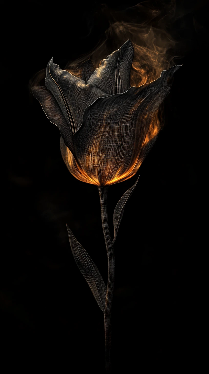 Black tulip emerging from darkness with botanical engravings
