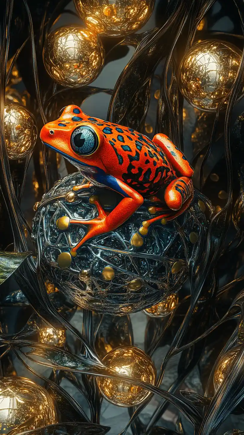 Poison dart frog in a mirrored rainforest cathedral