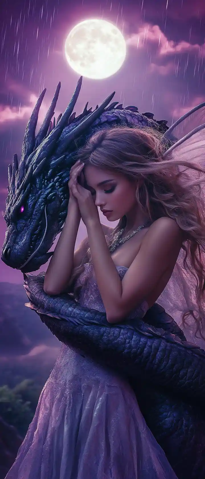 Fantasy woman with dragon under a stormy full moon