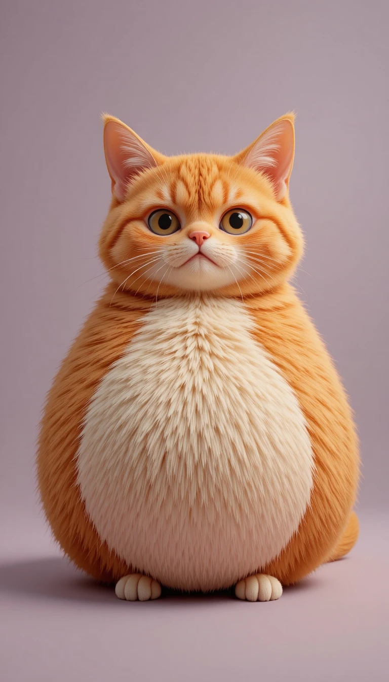 Round fluffy orange tabby cat character in studio