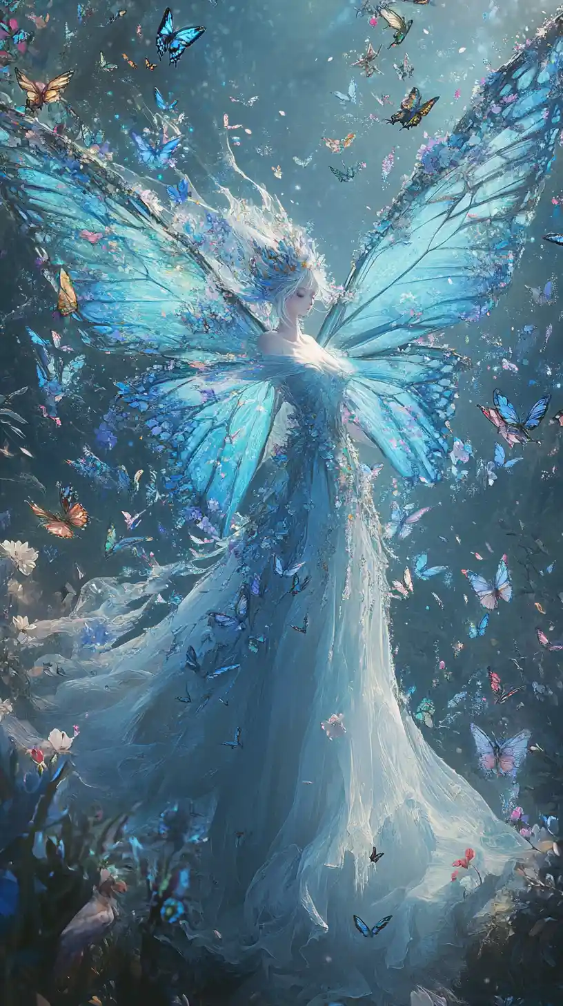 Fantasy queen transforming into a colossal butterfly of petals