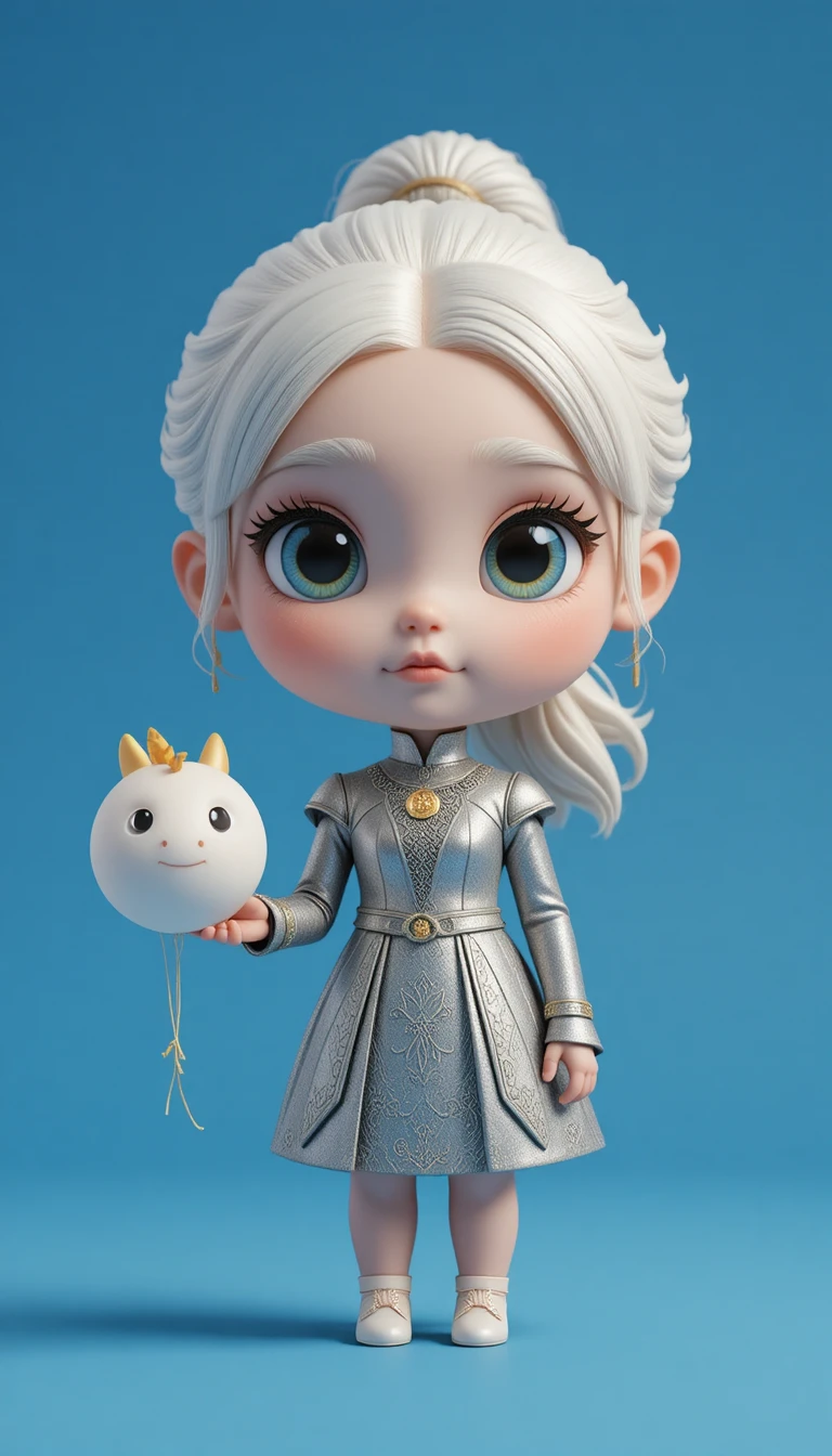 Cute chibi girl with balloon like dragon on blue background