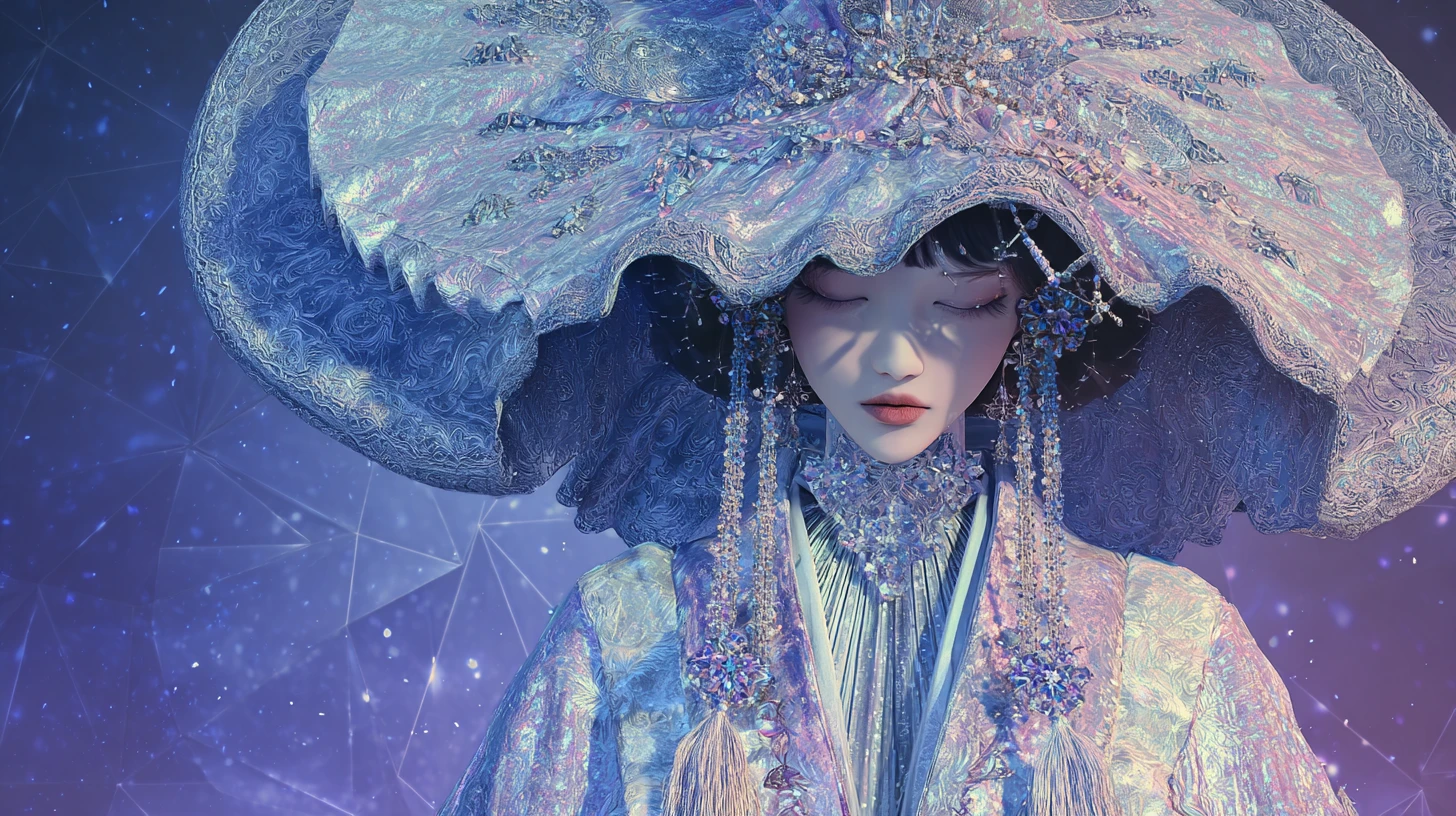 Bruja de anime mística con sombrero celestial y túnicas lujosas