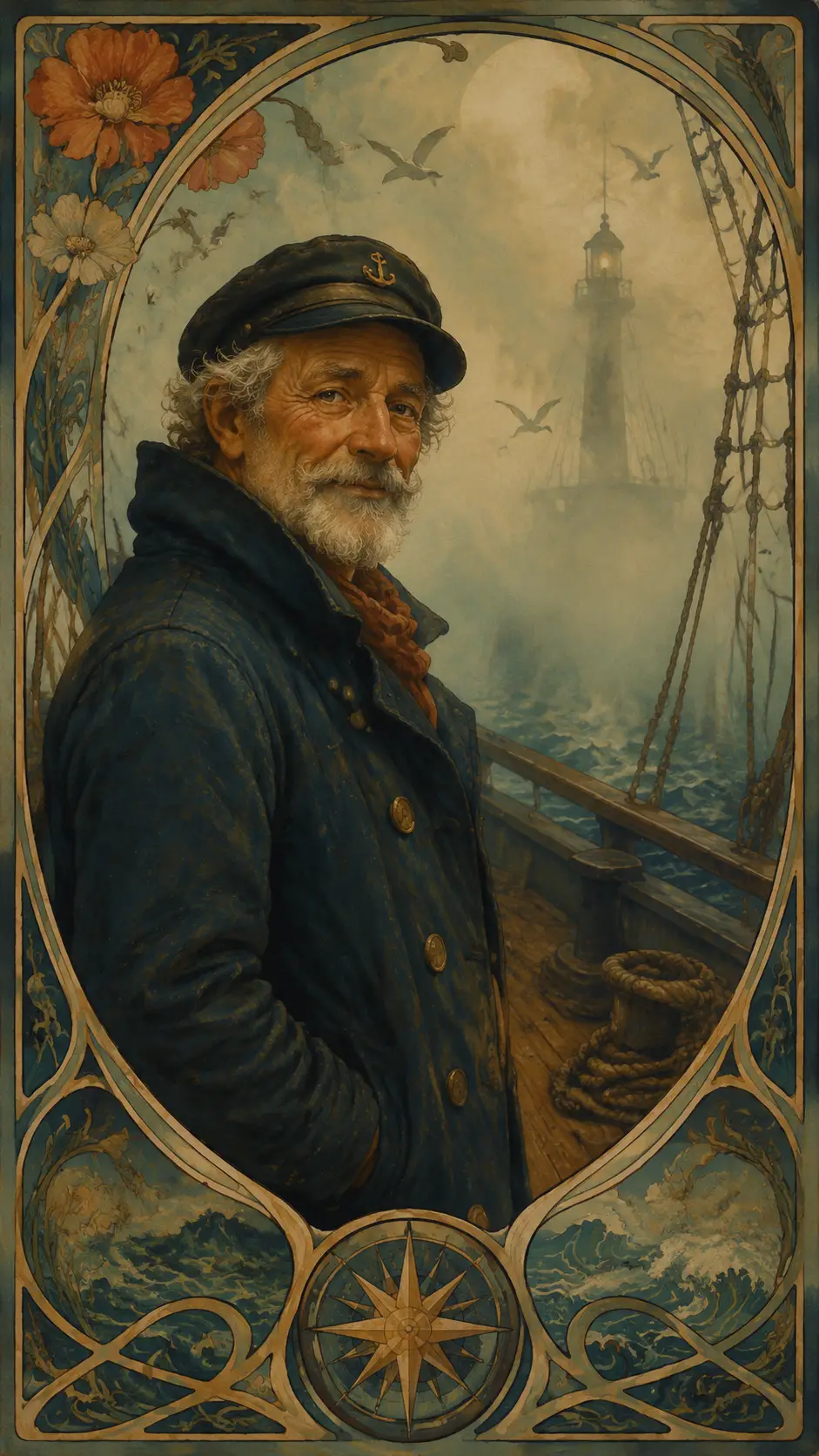 Marinaio vintage su ponte avvolto dalla nebbia in stile art nouveau