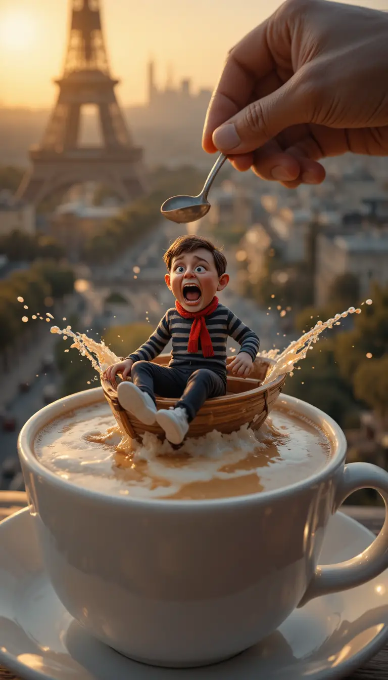 Minuscolo uomo in una barca-tazza di caffè al tramonto a Parigi