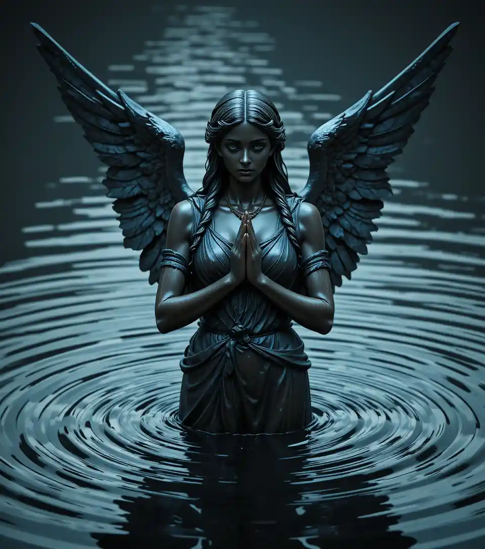 Bronze winged angel statue rising from rippling dark water