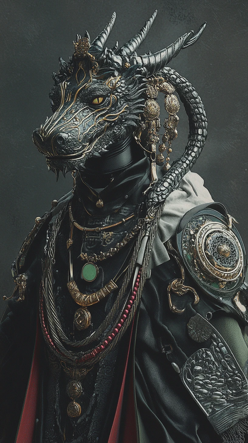 Ornate figure with layered jewelry and coiled dragon