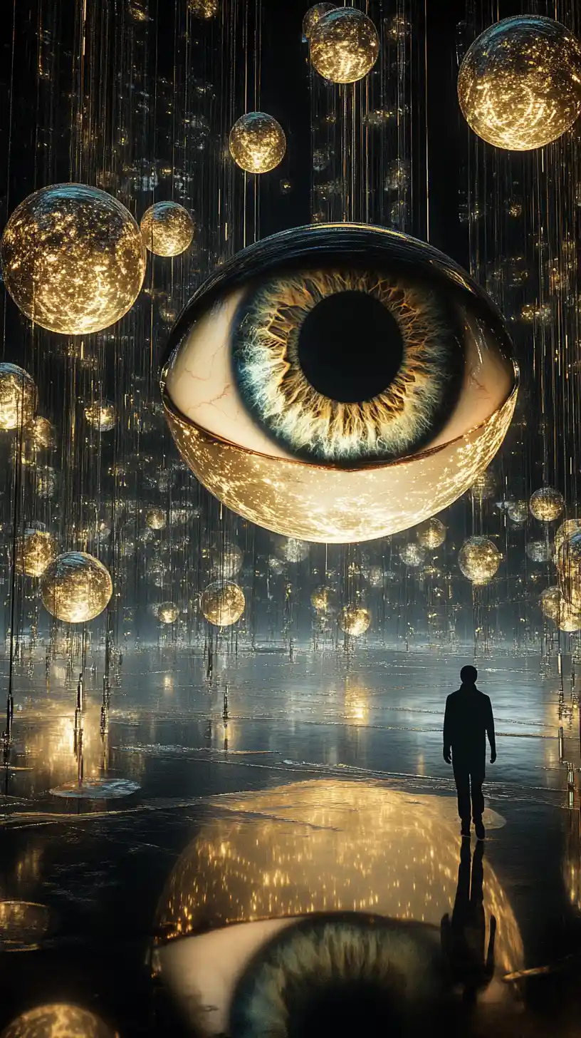 Colossal Floating Eye In Infinite Mirrored Chamber