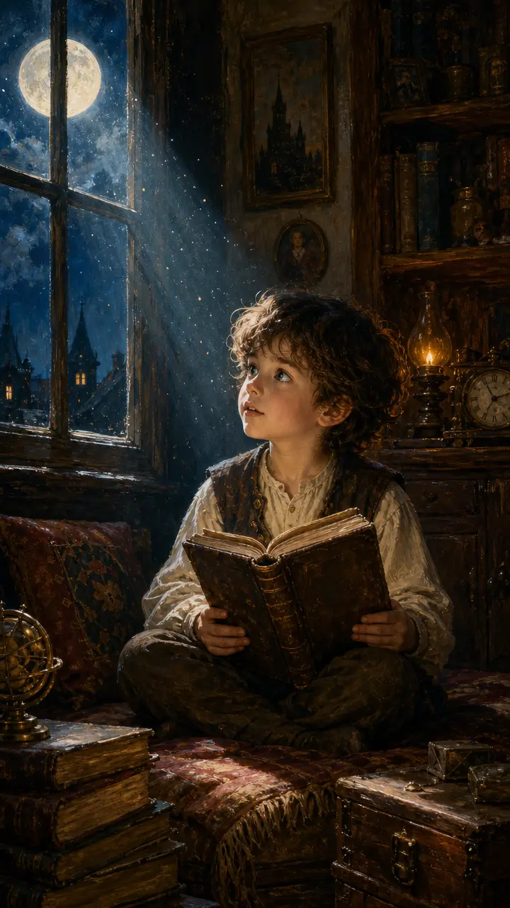 Curious child reading by moonlit window in shadowy room